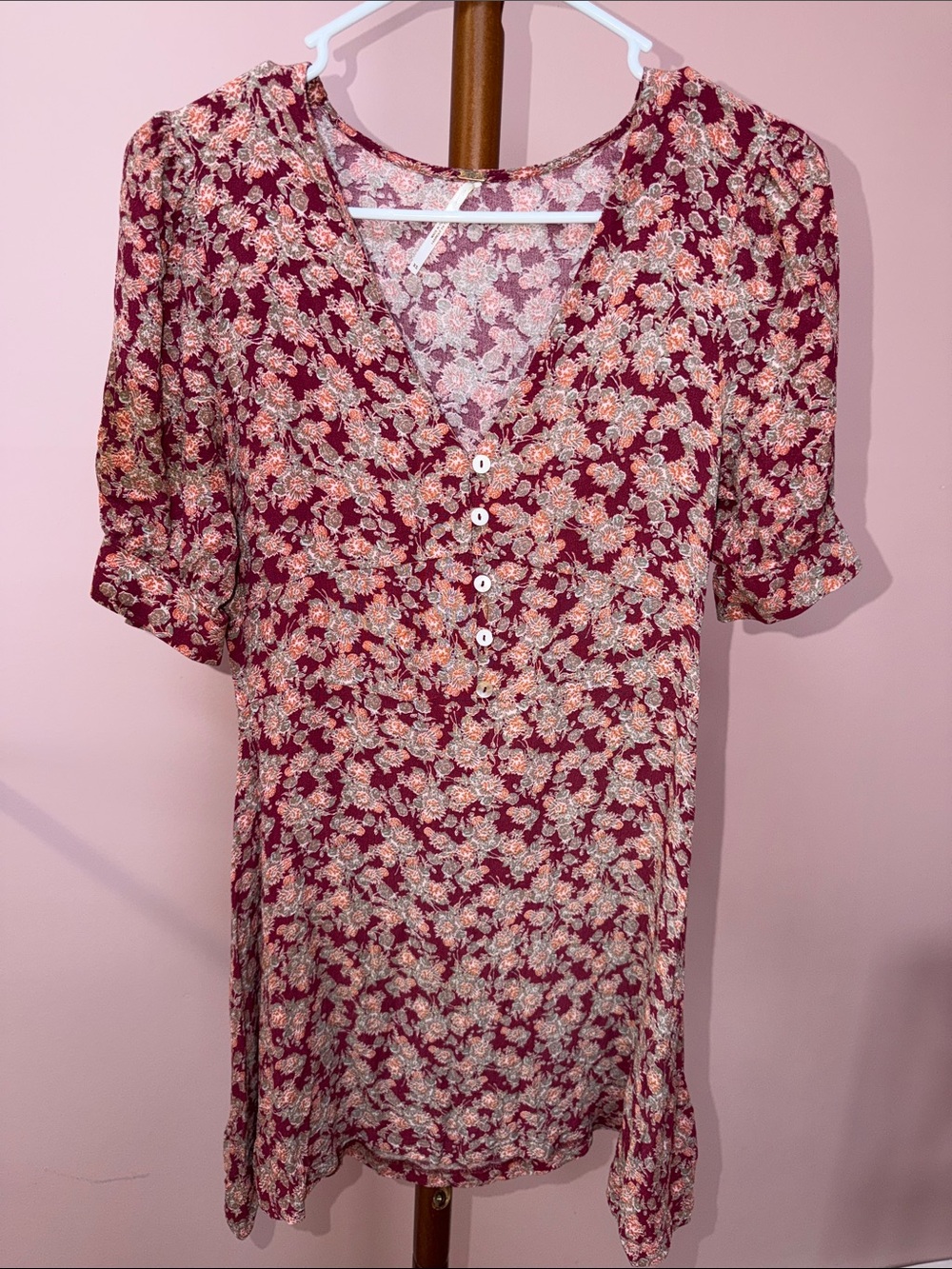 Free People Burgundy Floral V-Neck Button Tunic Dress